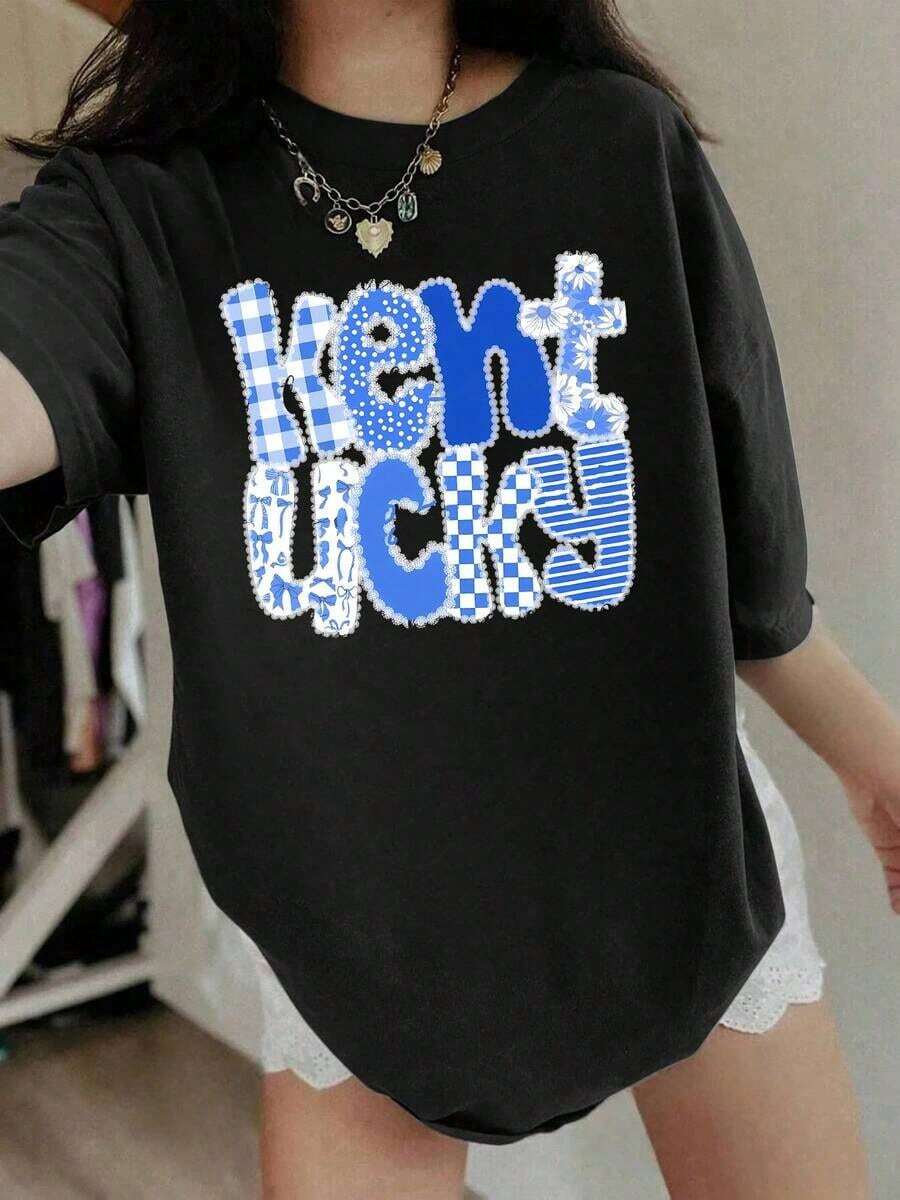 Graphic Short-Sleeved T-Shirt Suitable For Streetwear, Oversized Crew Neck Top For Everyday Outings, Camping, Concerts, Hip-Hop, Rock, And Rap Events. Casual Printed Short-Sleeved Crew Neck T-Shirt For Women, Summer Tops. - 黑色 - 查看 1