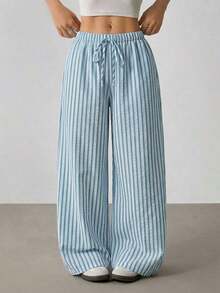 Pantalones casuales anchos de pierna ancha con rayas para mujer - Azul - Ver 7