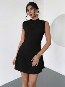 Vestido mini plisado de línea A elegante, minimalista, delicado, romántico y dulce para uso diario, boda, fiesta, festival de música y vacaciones, con camisola roja - Negro - Ver 4