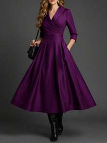 elegante y de moda francés al estilo europeo y americano, vestido formal de cintura ceñida de estilo minimalista, vacacional y casual japonés y coreano, vestido de dama elegante y sexy de escote profundo en V y ajustado al Body para otoño/invierno - Morado - Ver 7
