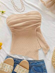 Top de tubo plisada de estilo elegante, romántico y elegante para uso diario, de color amarillo, adecuada para fiestas, vacaciones en la playa, vuelta al colegio, citas románticas, temporada de bodas, cumpleaños, Pascua, primavera/verano - Caqui - Ver 7