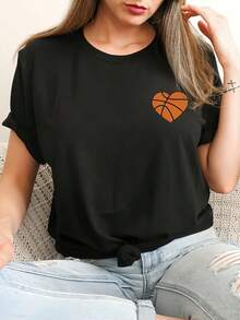 Sleeveless Crew Neck T-Shirt With Basketball Heart Graphic, Casual Sports Top, Sleeveless Top For Running And Exercising, Activewear For Women - 黑色 - 查看 1