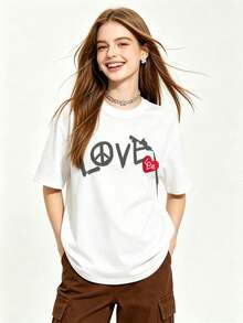 Women's Summer Soft Crew Neck Short Sleeve T-Shirt | Love | Going Out Tops, European & American Street Style, Sporty Casual, Unisex Style, Urban Casual Style, Cute Tops, Gen Z, Curves, Y2K Clothing, Funny T-Shirts, Women's Tops, Women's Holiday Outfits, Cute Top, Graphic T-Shirt, Spring Outfits, Loose T-Shirts, Retro Streetwear, 90s Style, 2000s Style, Subculture, Black Top, White Tops, 90s Party Outfit. - White - View 5