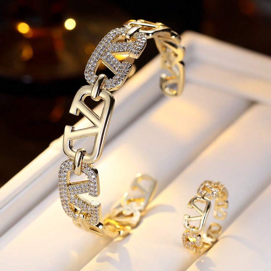 Bộ 1 vòng tay và nhẫn điều chỉnh được hình chữ V đính đá Zirconia sang trọng, thanh lịch & - bộ nhẫn vòng tay - Xem 1