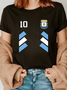 Argentine National Symbols With An Emblematic Number Reflecting National Pride, Sporting Energy, And Passion For The Sky Blue And White Colors. Comfortable And Modern Women's T-Shirt For Casual Wear. - 黑色 - 查看 1
