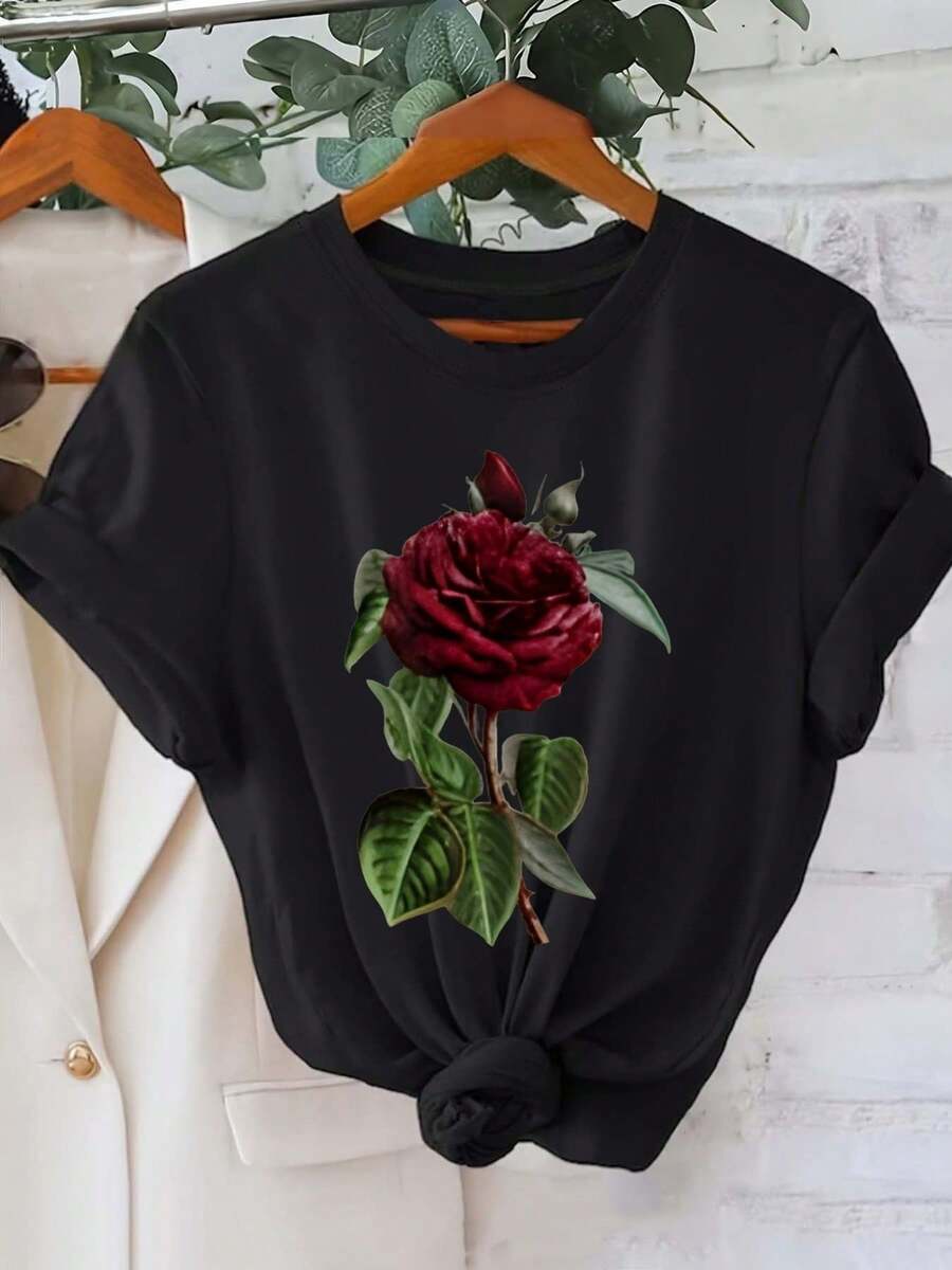 Women's Short Sleeve Cotton T-Shirt With Red Rose Print And Round Neck - Women's Clothing, Comfortable Fit, Classic Design, Elegant Party Outfit, T-Shirt For Elegant Ladies, Blouses Suitable For Curvy Women, Prom Skirts, Casual Wear, Adorable Animal Print, Fun Letter Print, Matches With Street Fashion - 黑色 - 查看 1