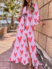 Vestido estampado holgado con lazos y falda amplia primavera 2026 - Rosa - Ver 1