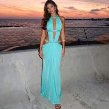 Women'S Solid Color Sexy Deep V-Neck Hollow-Out Patchwork Dress, A Summer Fashion Item, Suitable For The Beach, Banquets, Parties, And Dates. - 藍色 - 查看 6