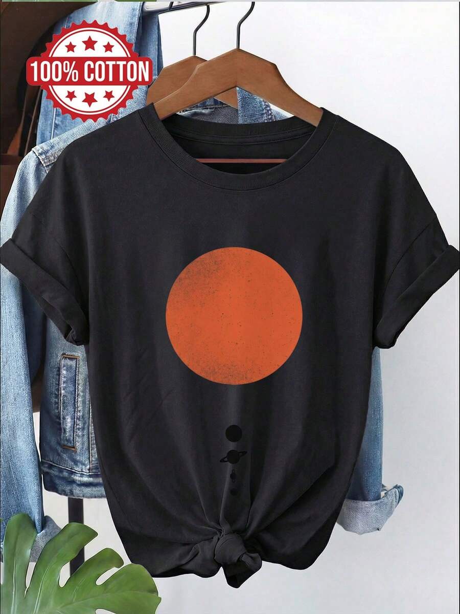 Camiseta extragrande para mujer para primavera/verano, estilo minimalista con estampado de sol, planeta y estrella, ajuste holgado casual de manga corta, cuello redondo y hombros caídos - Negro - Ver 1