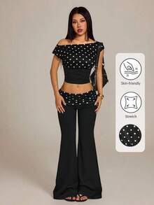 Pantalones acampanados con cintura plegable de color contrastante para mujer - Negro 4 - Ver 8