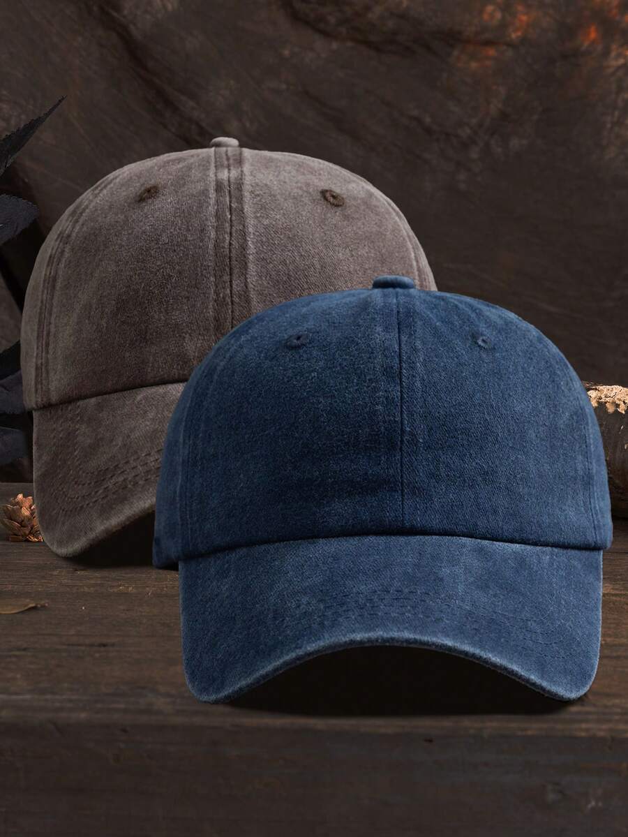2pcs Unisex Solid Color Outdoor Casual Fashion Adjustable Washed Baseball Cap - Navy Blue + Brown - View 1