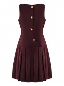 Vestido corto negro sin mangas para mujer, escote redondo con botones dorados tipo trébol, cintura ajustada y falda plisada, estilo preppy elegante ideal para fiestas y looks de primavera/verano. - Burdeos - Ver 6