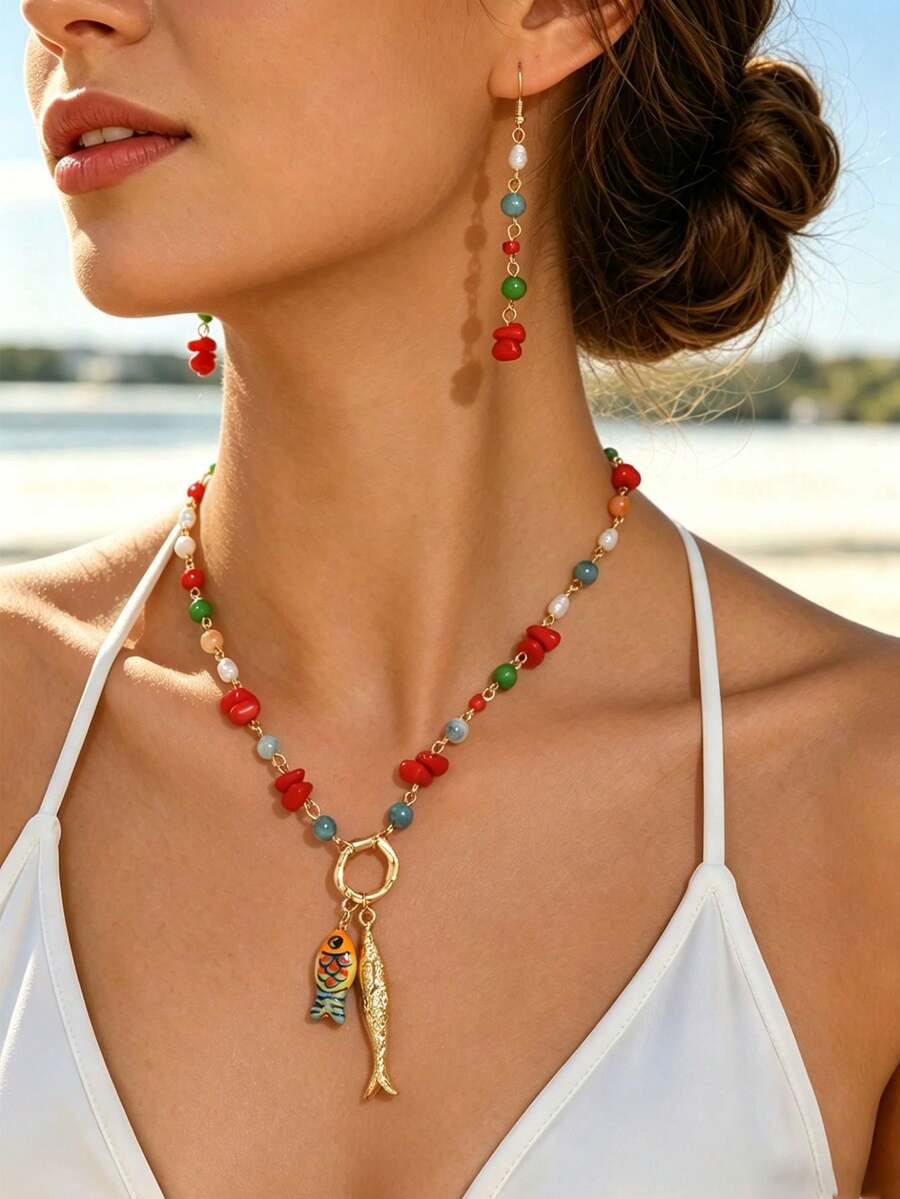 2pcs/Set Summer Vacation Bohemian Style Colorful Beaded Golden Fish Pendant Necklace And Earrings Set, Women Beach Holiday Casual Party Matching Jewelry - Colorful - View 1