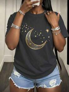 Women's Casual T-Shirt With Moon And Stars Print, Short Sleeve, Drop Shoulder, Round Neck, Medium Elastic Knit Fabric For A Chic And Cute Look, 100% Cotton - 白色1 - 查看 6