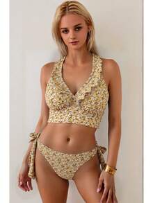 Nuevo traje de baño de dos piezas para mujer con top con volantes y estampado floral para vacaciones y playa. - Amarillo - Ver 7