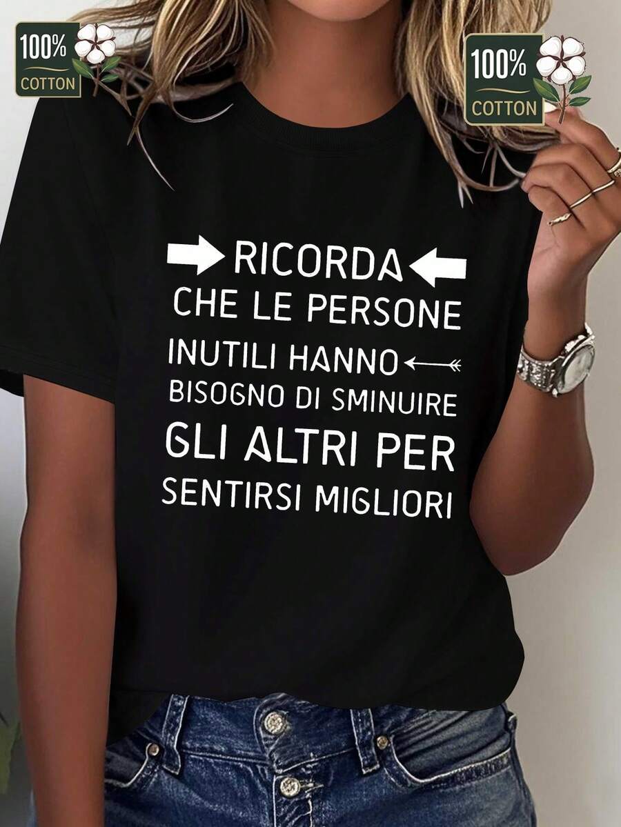 Women's T-Shirt With Italian Phrase - Funny Italian Saying "Che Persona Se Ne Occupa" (Who's In Charge Of That?) - 100% Pure And Comfortable, Short Sleeve, Round Neck, Casual Top With Italian Print - Gift For Italian Learners - 黑色 - 查看 1