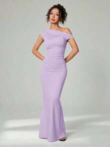 Ropa de verano, atuendos para citas diarias y viajes, atuendos de fiesta, ropa interior elegante para mujeres, atuendos para salir, vestido asimétrico con hombros caídos y cola de pez extra larga, atuendos de club para mujeres, atuendos para - Púrpura malva - Ver 6