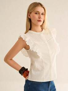 CielaLinda Blusa blanca con bordado de ojal y volantes, top bohemio para mujer - Blanco - Ver 5