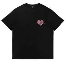 Hand-Drawn Pink Heart Graphic T-Shirt, Love Themed Tee, Casual Everyday Wear, Gift, Cute And  Graphic Tee For Women, Romantic Valentine's Day Tee - 黑色 - 查看 1