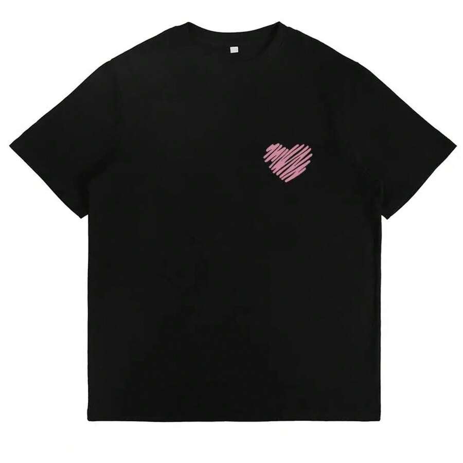 Hand-Drawn Pink Heart Graphic T-Shirt, Love Themed Tee, Casual Everyday Wear, Gift, Cute And Graphic Tee For Women, Romantic Valentine's Day Tee - 黑色 - 查看 1