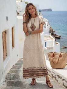 YHHEMERY ROSE Vestido largo de mujer estilo bohemio con estampado, cuello redondo, manga corta tipo murciélago, bajo acampanado, informal y multicolorYHH - Verde - Ver 8