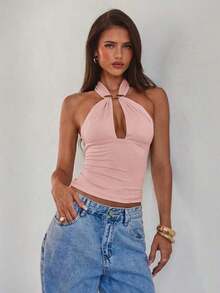 Camiseta sin espalda con cuello halter y decoración de hebilla de metal hueca sexy para mujer - Rosa Pálido - Ver 5