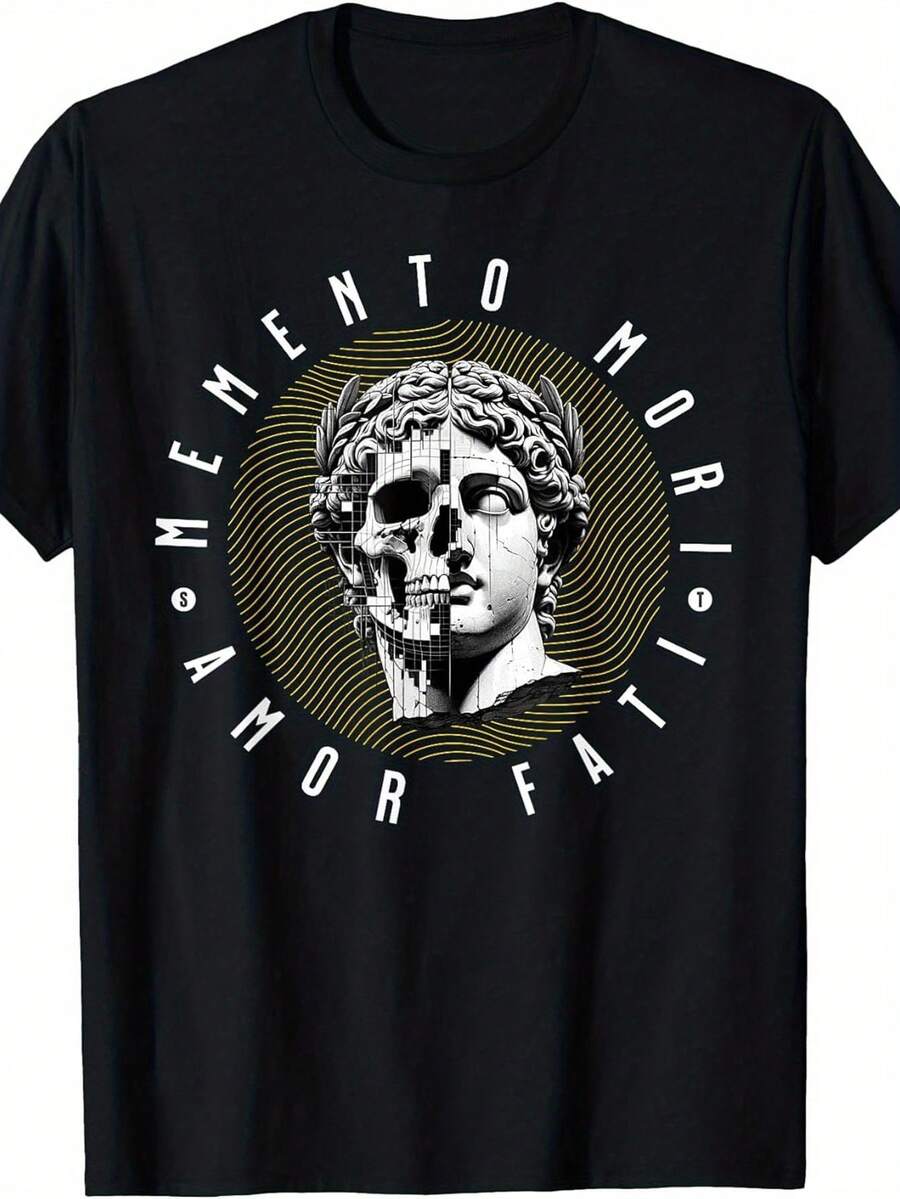 Camiseta Unisex Memento Mori Amor Fati Estoicismo con Estampado de Calavera y Medusa, Cuello Redondo, Corte Holgado, Color Negro, Ropa Casual para Todas las Temporadas - Negro - Ver 1