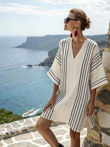 Holidaya Vestido de verano casual, holgado, de manga corta y cuello en V a rayas para mujer - Amarillo - Ver 10
