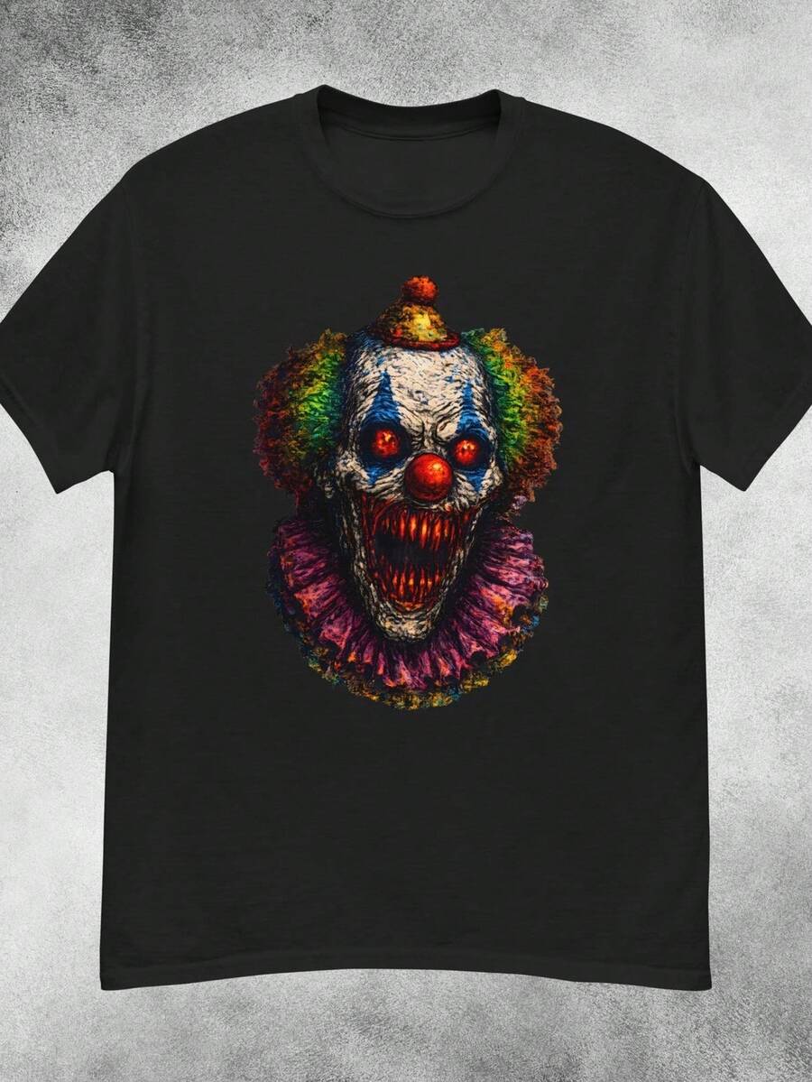 Camiseta de payaso malvado con estampado de terror espeluznante. Camiseta unisex de algodón puro de 220 g. Peso ideal para todas las estaciones, apta tanto para hombres como para mujeres. Tejido duradero de alta calidad, suave al tacto y de larga duración. Prenda transpirable, ideal para el otoño y las vacaciones. - Negro - Ver 1