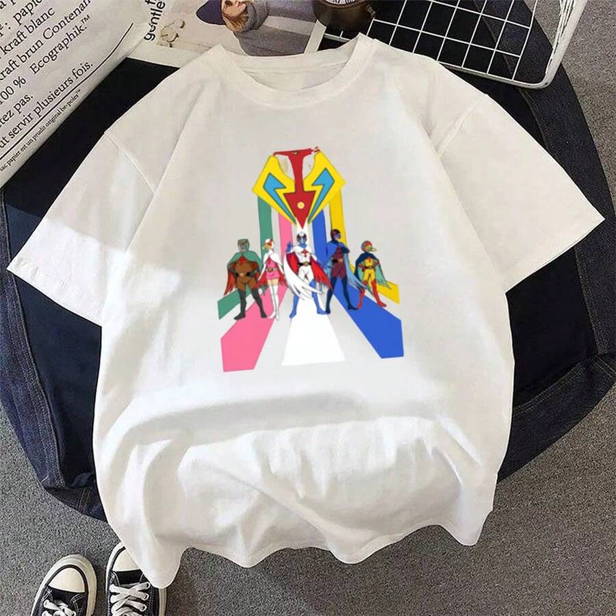 Camiseta unisex retro de anime con estampado de dibujos animados de G-Force, Battle of the Planets y Gatachaman, corte holgado e informal, ideal para el verano. - Blanco - Ver 1