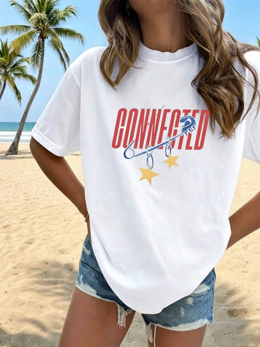Camiseta de mujer 2026, nueva de verano, con cuello redondo y estampado temático conectado, con diseños de cadenas y estrellas, confeccionada en tela de seda de leche doblemente perchada, cómoda y transpirable, versátil para el uso diario, adecuada para ir al trabajo y ocasiones informales, con efecto adelgazante, disponible en múltiples colores. - Blanco - Ver 1