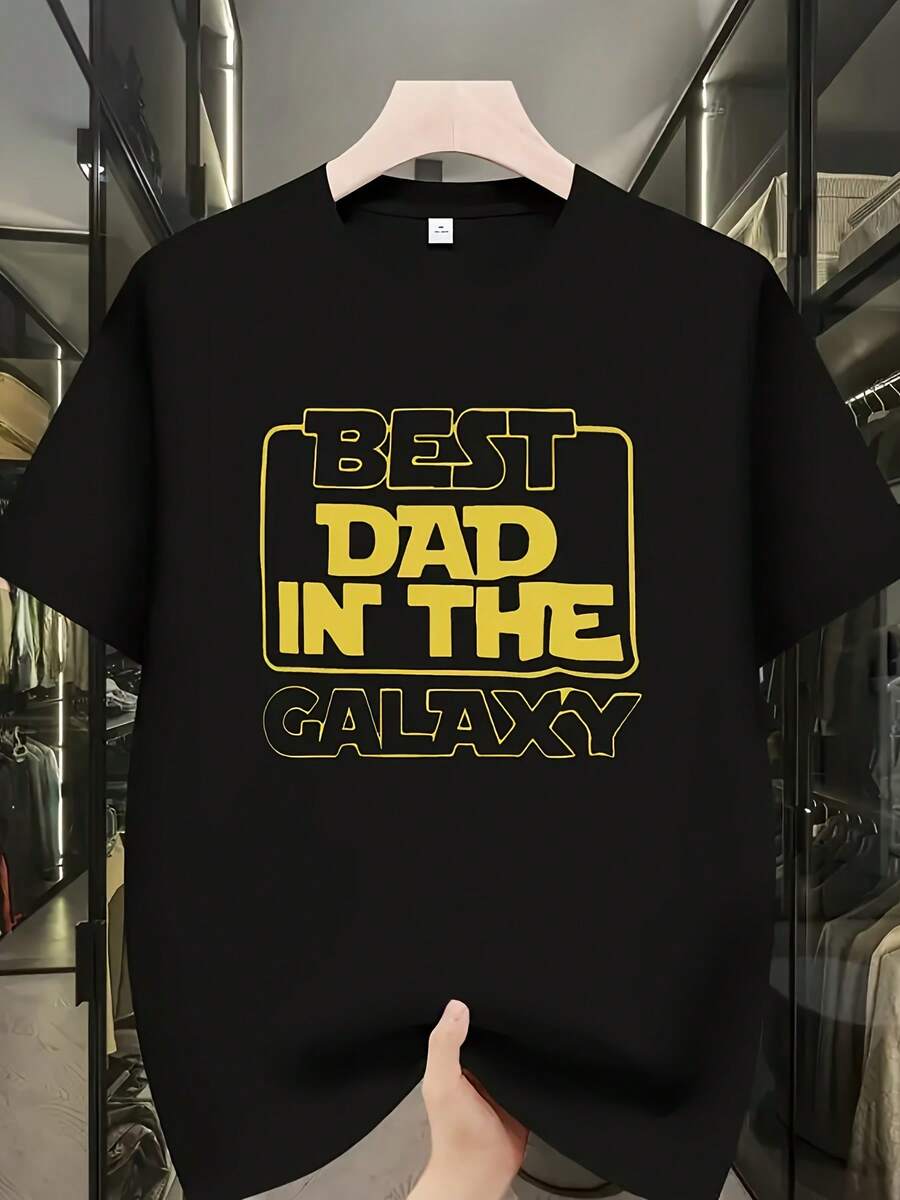 Men's Graphic T-Shirt "World's Best Dad" - Solid Color Crew Neck Casual Tee With Bold Yellow Lettering, Perfect For Outdoor Activities And Casual Wear | Casual T-Shirt | Bold Graphic Tee | Comfortable Fit - 黑色 - 查看 1