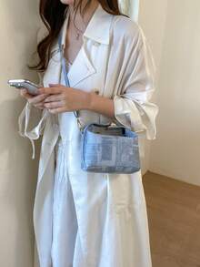 1pc Mini Denim Effect Box Shaped Bag, PU Adjustable Shoulder Strap Crossbody Zipper Handbag For Women, Suitable For Daily Use, Dating, Shopping, Work - Baby Blue - View 5