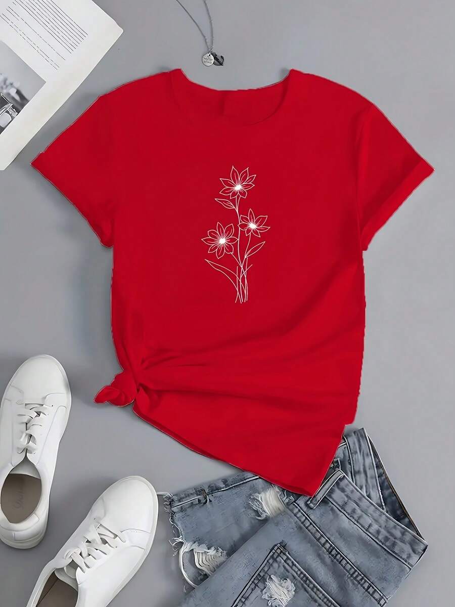 Camiseta Casual de Manga Corta para Primavera y Verano, Para Dama - [Rojo] - Ver 1