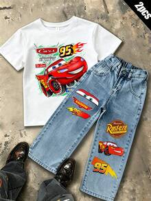 2026 New Disney Children's T-Shirt And Jeans Set, Children's T-Shirt And Jeans Set, Cars Lightning McQueen Pattern Printed T-Shirt And Jeans Set, Comfortable And Breathable, Suitable For Boys And Girls, A Perfect Gift For Children. - White - View 1