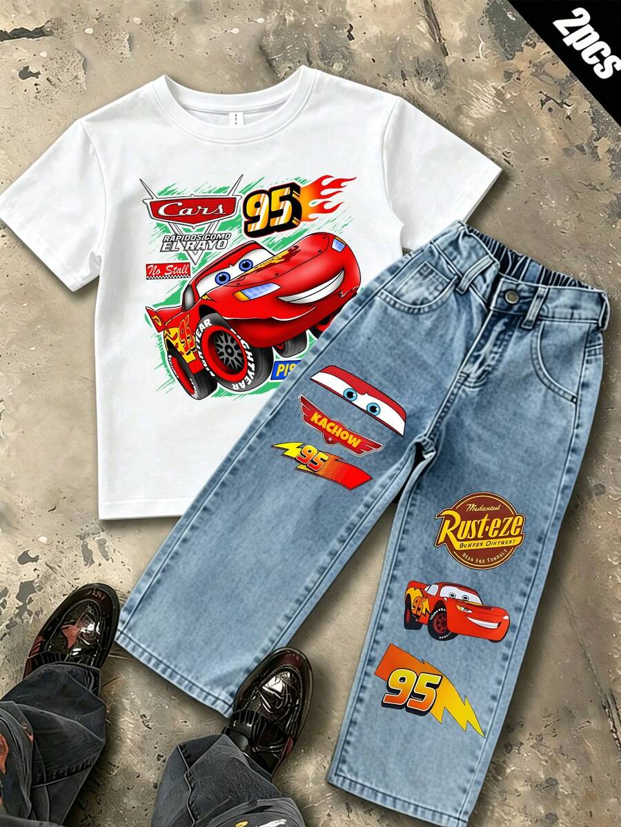 2026 New Disney Children's T-Shirt And Jeans Set, Children's T-Shirt And Jeans Set, Cars Lightning McQueen Pattern Printed T-Shirt And Jeans Set, Comfortable And Breathable, Suitable For Boys And Girls, A Perfect Gift For Children. - White - View 1