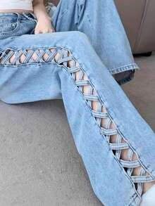 Pantalón de mezclilla nuevo de primavera-verano para mujer, estilo americano, con calados, corte ancho, tiro alto, larga hasta el suelo, liviano, favorecedor, versátil, de diseño, perfecto para looks de día, calle y ocasiones informales - azul - Ver 16