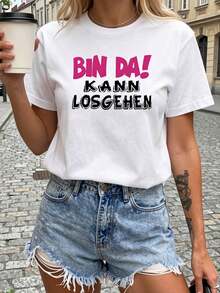 Camiseta de Mujer Alemana ¡Estoy aquí!Camiseta de Mujer con Cuello Redondo y Estampado Moderno, Manga Corta con Texto en Contraste, Estilo Casual y Fresco para Uso Diario y Salidas - Blanco - Ver 1