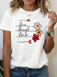 Camiseta de Mujer con Estampado Floral Escrito a Mano "Live Laugh Love", Estilo Casual de Manga Corta y Cuello Redondo, Primavera/Verano, Estilo de Dibujos Animados, Cómoda para Uso Diario, Ideal para Salidas Cotidianas, Regalo para Fiestas, Tela Suave y Transpirable, Camisetas para Salir para Mujer - Blanco - Ver 7