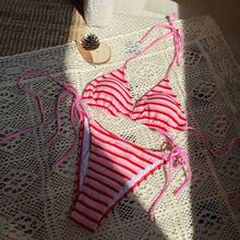 New Two-Piece Bikini In Striped Fabric, Cool And Sexy. - berwarna merah muda - View 12