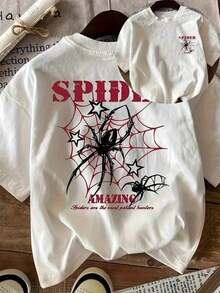 Camiseta gráfica para mujer "Spider Amazing" con estampado de telaraña en la espalda, cuello redondo, manga corta, estilo streetwear, top gótico de Halloween más vendido, 100% algodón, moda para todas las estaciones, tops de verano transpirables y cómodos. - Blanco - Ver 11