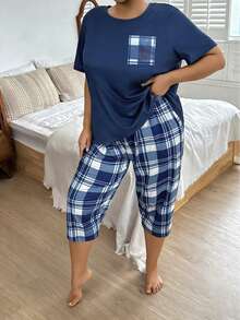 2pcs/Set Plus Size Women's Cute Plaid & Stripe Print Short Sleeve T-Shirt And 3/4 Pants Pajama Set, Comfortable Home Wear For Spring, Summer, Autumn, Slightly Stretchy - Blue - View 6