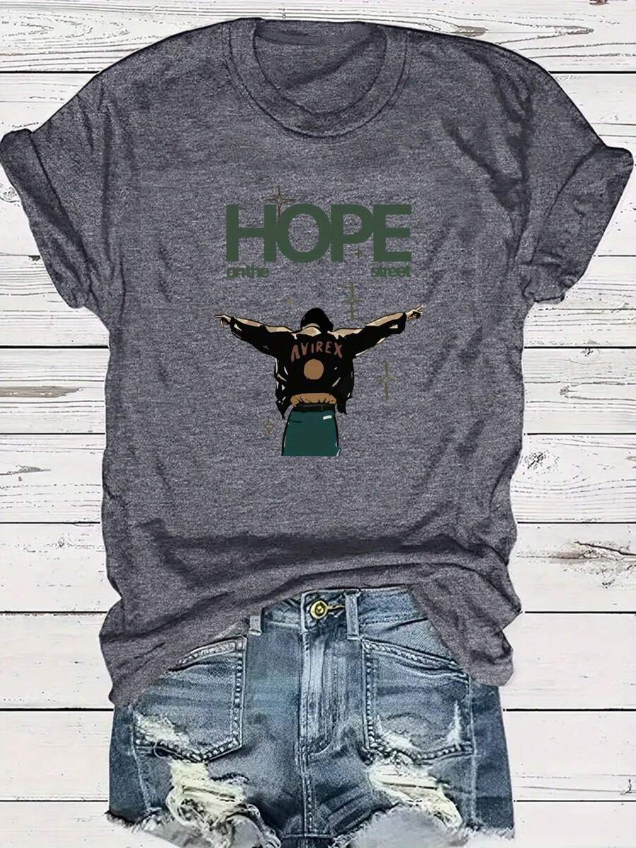Women's Plus Size "Hope On The Street" Graphic T-Shirt - Casual Crew Neck, Short Sleeve, Lightweight, Summer And Spring Fashion, Relaxed Fit, Everyday Wear T-Shirt | Loose Fit T-Shirt | Lightweight Fabric - 深灰色 - 查看 1