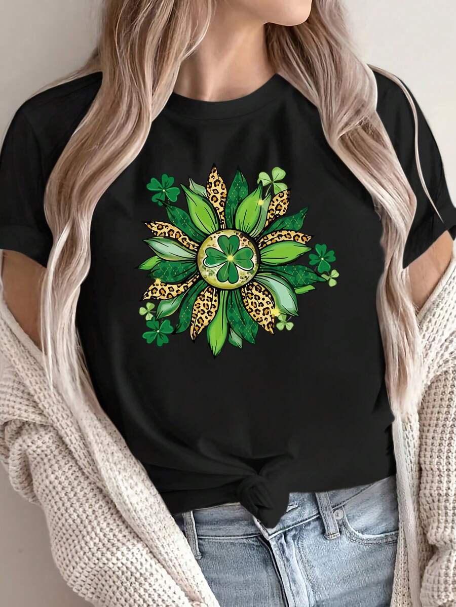 Camiseta de manga corta con estampado de letras, cuello redondo casual, ropa de mujer a la moda. - Negro - Ver 1