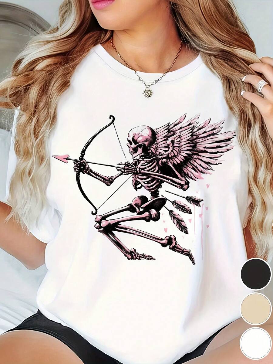 Talla Grande - Camiseta Gótica de Calavera y Cupido para Mujer - Atuendo Sexy para San Valentín y Fiestas de Halloween - Top Gótico Suave para Uso Diario - Apta para Tallas Grandes - Lavable a Máquina - Beige/Negro/Blanco/Gris - Camiseta de Impacto, Camiseta Gótica, Atuendo Festivo, Camiseta con Estampado Único, Tela Cómoda, Ropa Casual, Estética Oscura, Material Duradero, Camiseta de Impacto, Camisetas de Moda Alternativa para Mujer, Blusas Negras de Algodón para Damas - Blanco - Ver 1