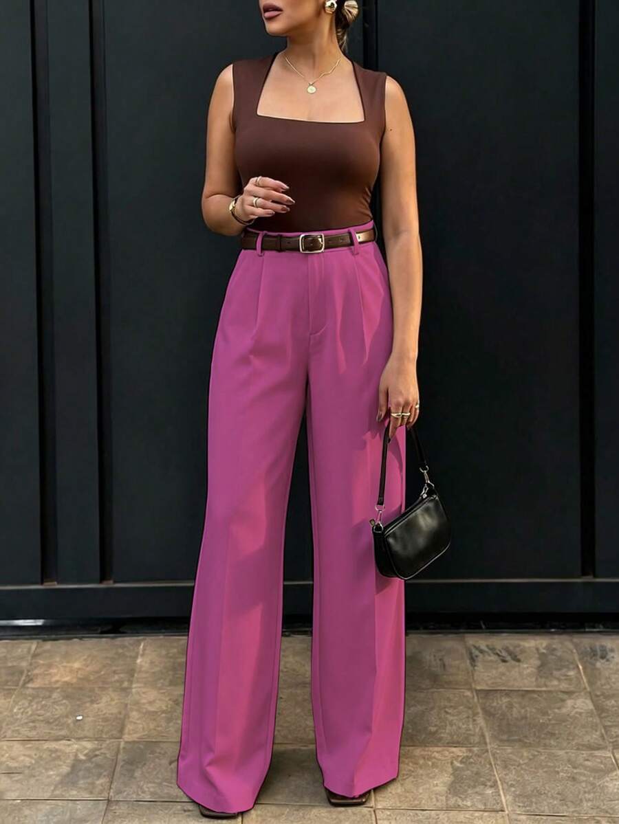Women's High Waist Slim Fit Wide Leg Pants, Fuchsia Pink, Bohemian Street Style, Casual & Office Wear For Spring/Summer (Belt Not Included) - Hot Pink - View 1