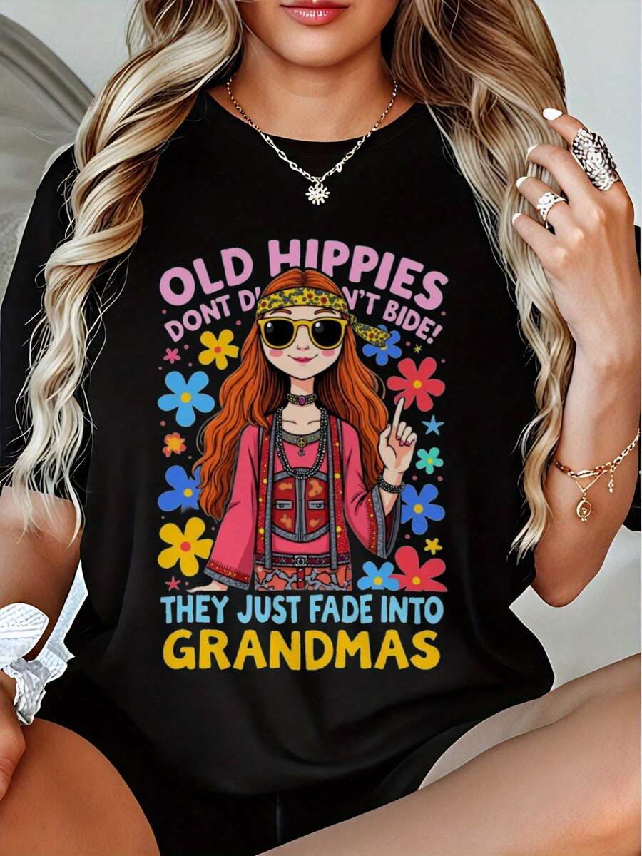 Talla Grande - Camiseta de Mujer con Estampado Hippie 100% 180g "Los Viejos Hippies Nunca Mueren" con estampado floral vintage y símbolo de la paz, cuello redondo, manga corta, estilo casual, adecuada para festivales, eventos musicales y moda retro, ropa de festival, ropa de eventos, blusas negras de algodón estilo bohemio para mujer. - Negro - Ver 1