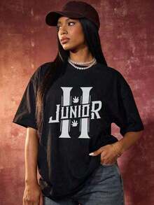 short-sleeveRound Neck Camiseta de manga corta con cuello redondo suave y casual para mujer, estilo juvenil con estampado de letras y símbolos de hojas, diseño moderno y fresco.100% Cotton Blusas Para Mujer Casual100% Cotton - Negro - Ver 1