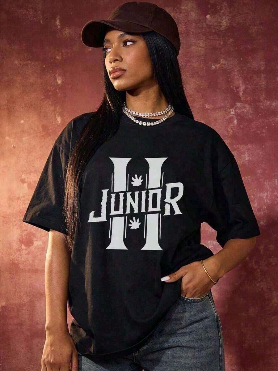 short-sleeveRound Neck Camiseta de manga corta con cuello redondo suave y casual para mujer, estilo juvenil con estampado de letras y símbolos de hojas, diseño moderno y fresco.100% Cotton Blusas Para Mujer Casual100% Cotton - Negro - Ver 1