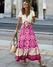 Falda midi elástica con estampado y cintura elástica para mujer, estilo bohemio, adecuada para la playa y el uso diario - Morado - Ver 3